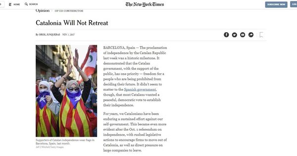Foto: Artículo de Junqueras en 'The New York Times'.