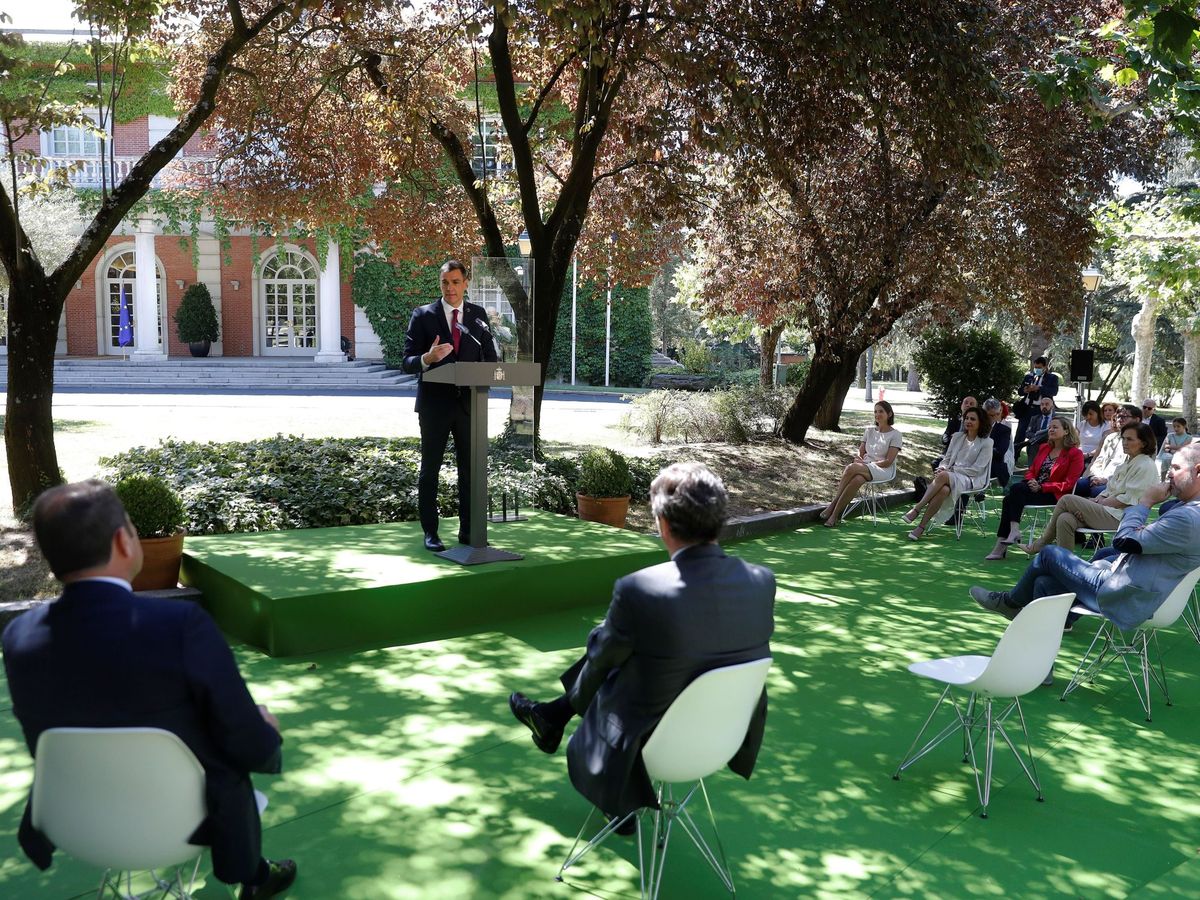 Foto: Pedro Sánchez interviene tras la firma del pacto por la reactivación económica y el empleo, este 3 de julio en los jardines de la Moncloa. (EFE)