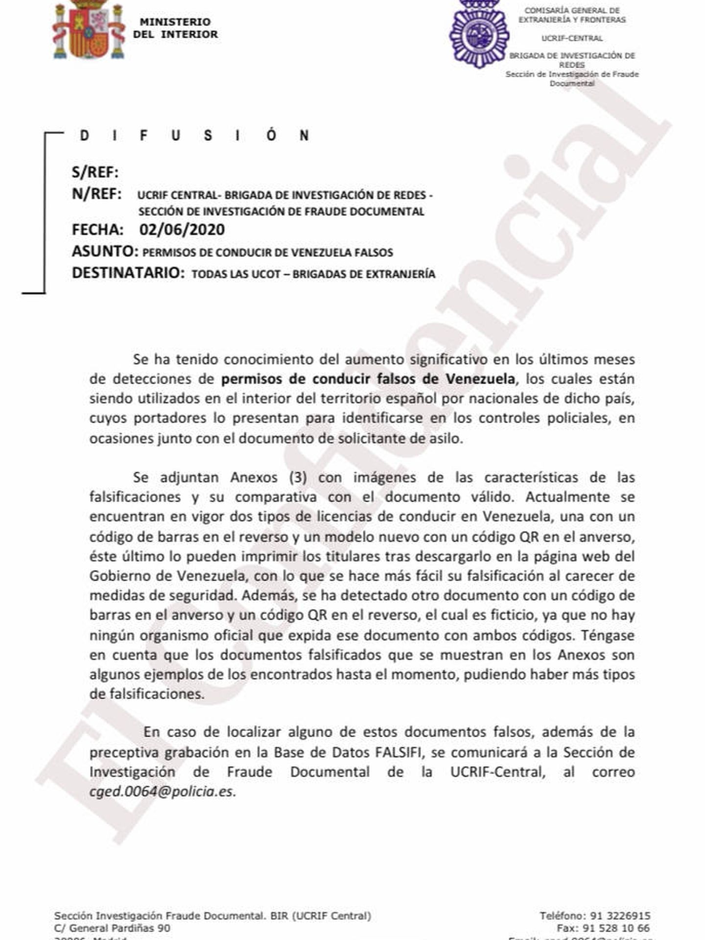 Orden policial emitida a las brigadas de Extranjería alertando sobre el creciente fraude de los carnets venezolanos. (EC)