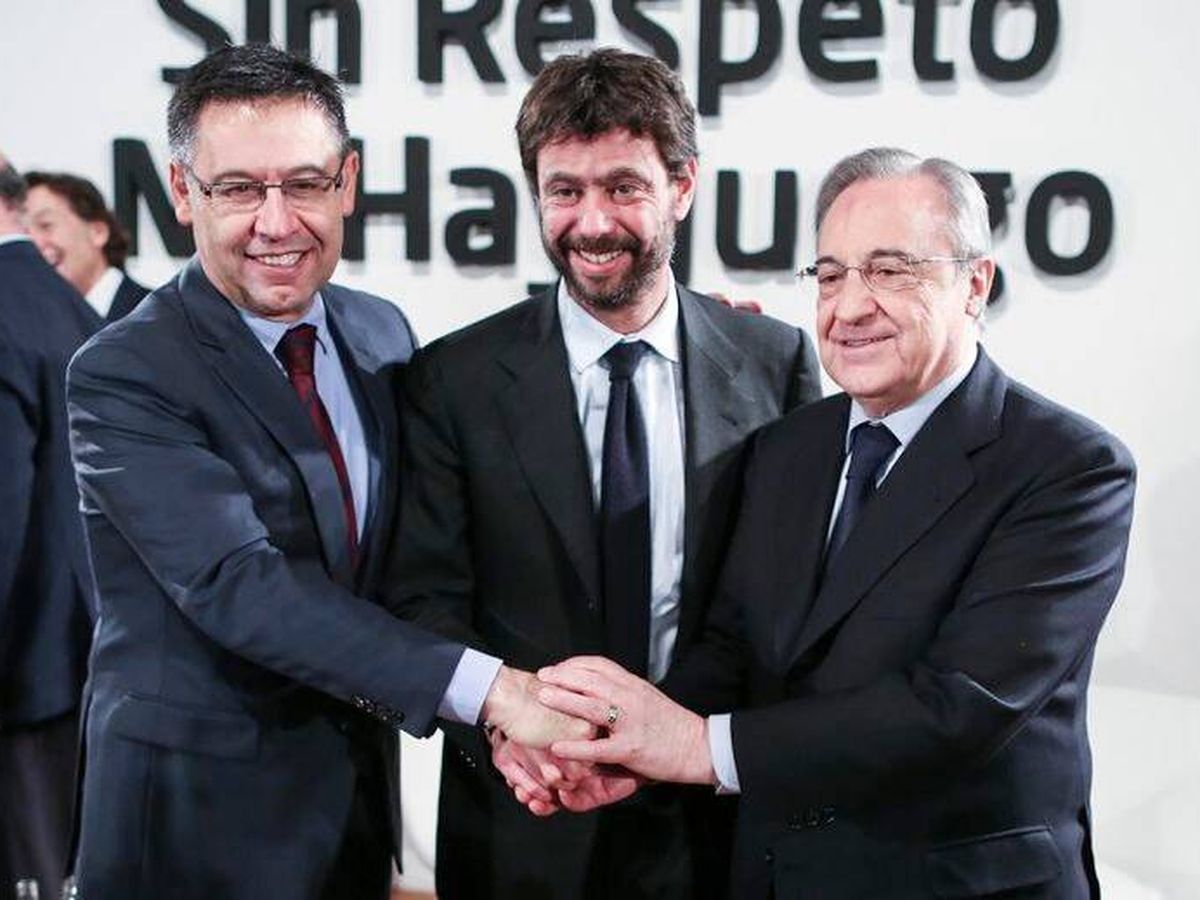 Foto: Josep Maria Bartomeu, Andrea Agnelli y Florentino Pérez, durante un acto en 2017. (Reuters)