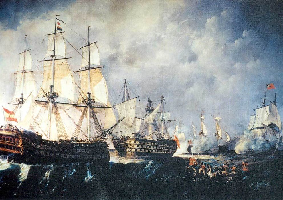 Foto: Rescate del navío de línea Santisima Trinidad, centro, por el navío Infante don Pelayo, izquierda. (Antonio de Brugada Vila)