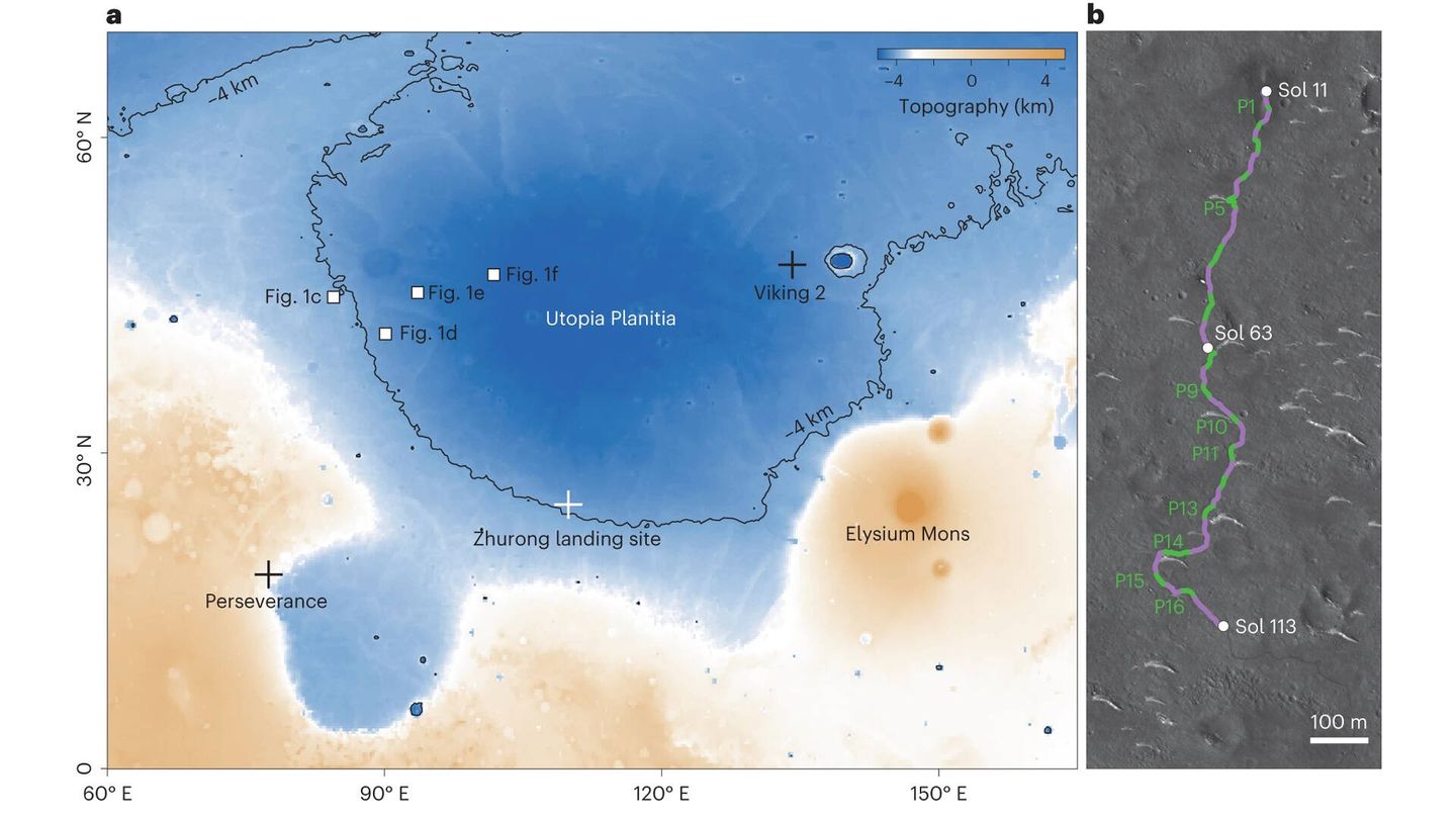 Punto de aterrizaje del Zhurong en Utopia Planitia y trayectoria (derecha) con los hallazgos de estructuras subterráneas. (Nature Astronomy/Academia China de las Ciencias)