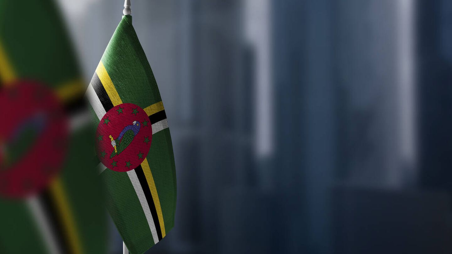Bandera de Dominica, con su loro morado. (iStock)
