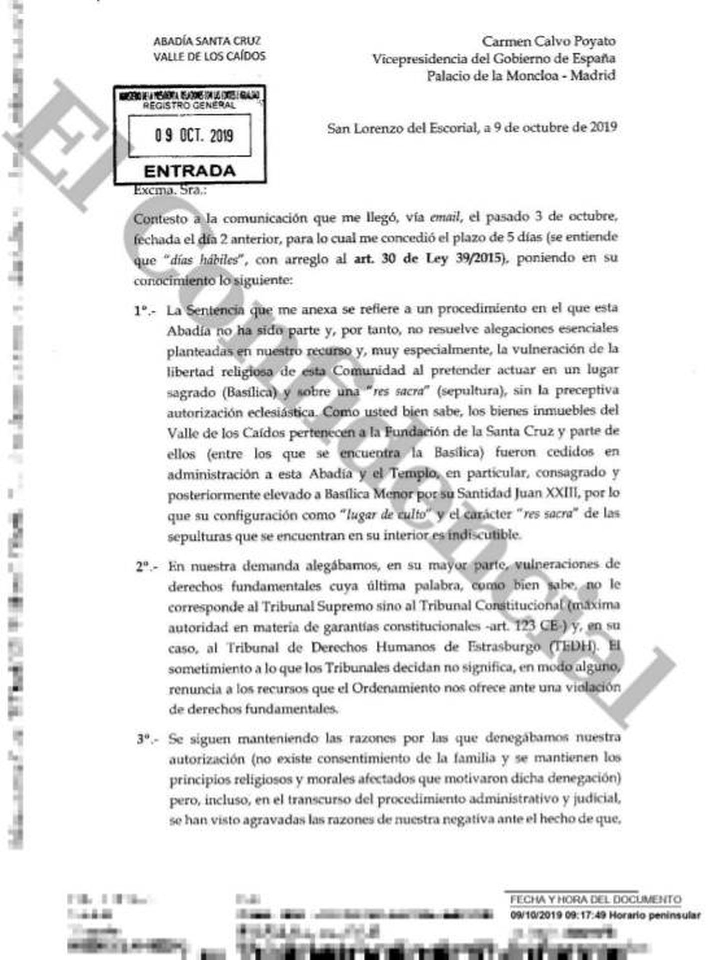 Consulte aquí en PDF la carta del prior administrador del Valle de los Caídos a Carmen Calvo. (EC)