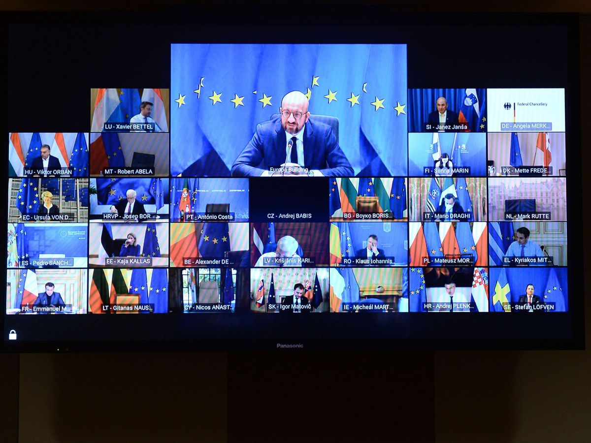 Foto: Videoconferencia del Consejo Europeo dirigida por su presidente, Charles Michel. (Foto: EFE)