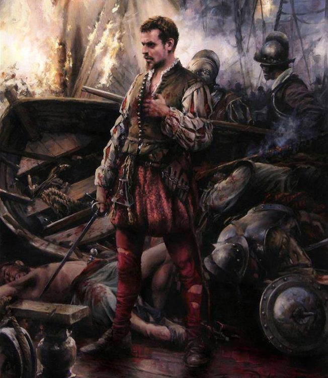 Cervantes, en la batalla de Lepanto, según Augusto Ferrer-Dalmau.