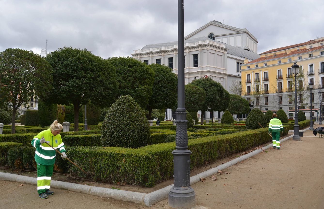 Dos jardineras trabajaban este lunes 16 en la Plaza de Oriente de Madrid.(M. García)