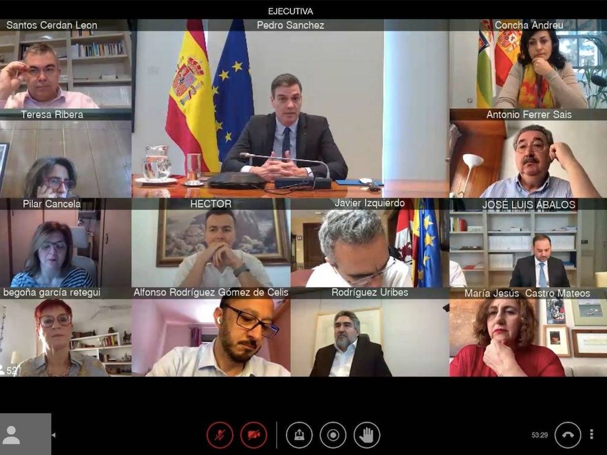Foto: Pedro Sánchez, dirigiéndose a los miembros de la ejecutiva del PSOE, durante su reunión de este 11 de mayo. (Twitter)