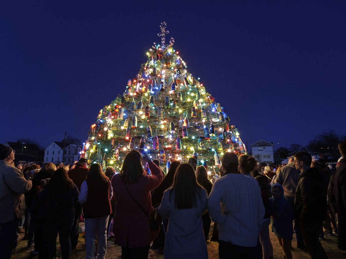 Foto: Varias personas se reúnen para ver la iluminación de un árbol de Navidad (EFE/Gunther)