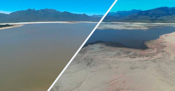 Foto: El antes y el después del pantano Theewaterskloof, una de las reservas de las que bebe casi toda Ciudad del Cabo.