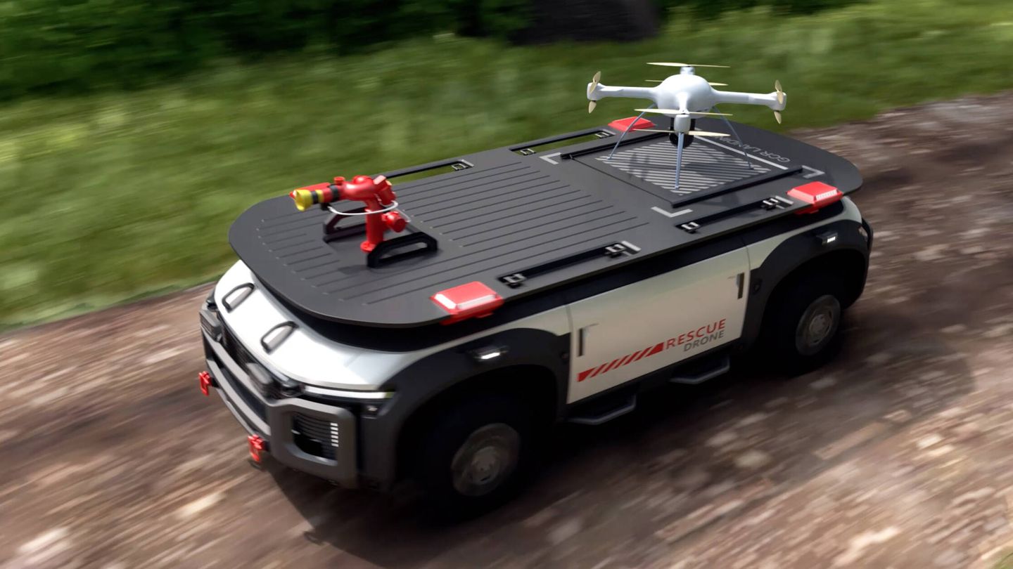 Partiendo de un sistema autónomo e-Bogie animado por pila de combustible, la firma coreana ha creado un vehículo de rescate que puede ser guiado desde el cielo por el dron volador que incorpora.