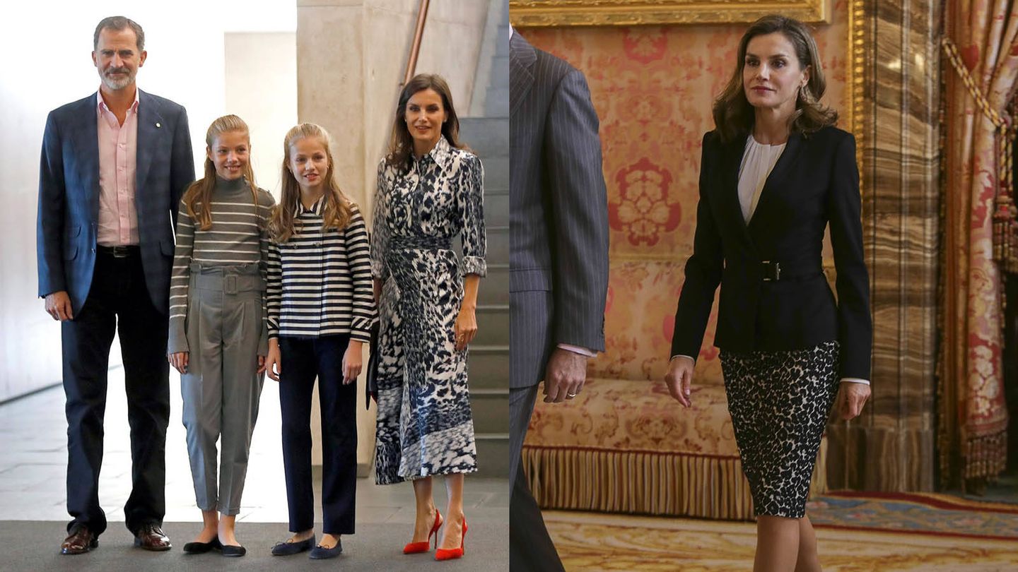 La reina Letizia viste animal print. (EFE / Getty)