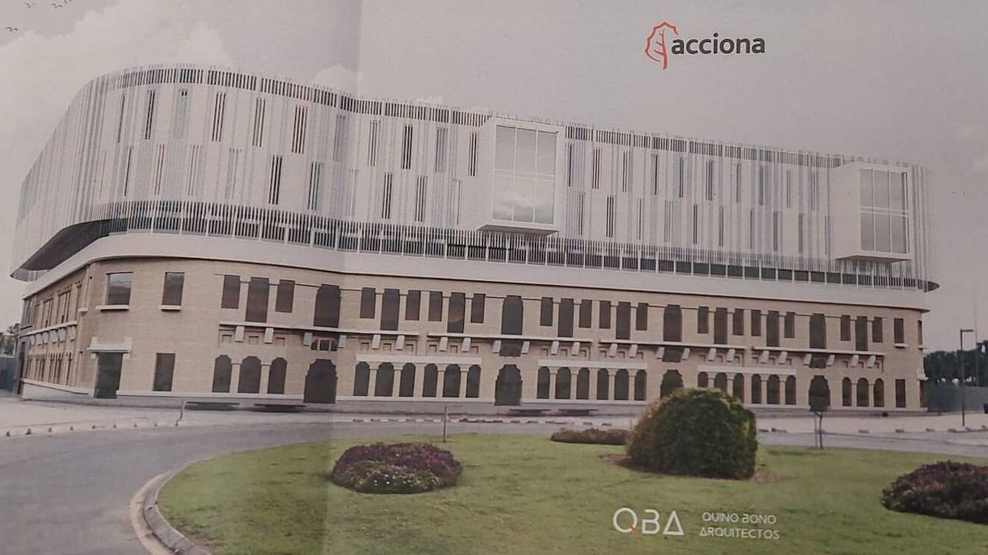 Figuración de la residencia de estudiantes de Acciona sobre el edificio de los 'docks' en Valencia. 