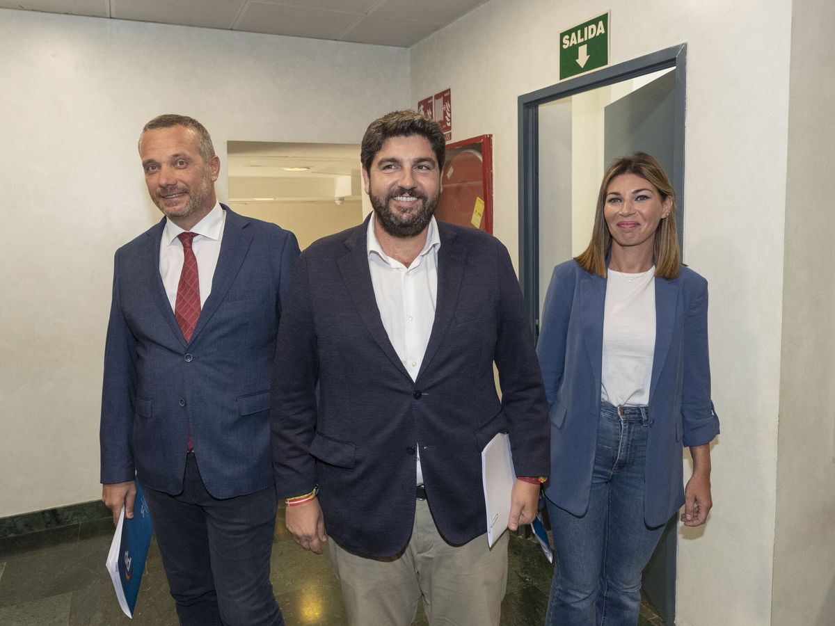 Foto: El presidente de la comunidad de Murcia en funciones, Fernando López Miras, acompañado por los diputados del PP que negocian con Vox la formación de Gobierno. (EFE/Marcial Guillén)