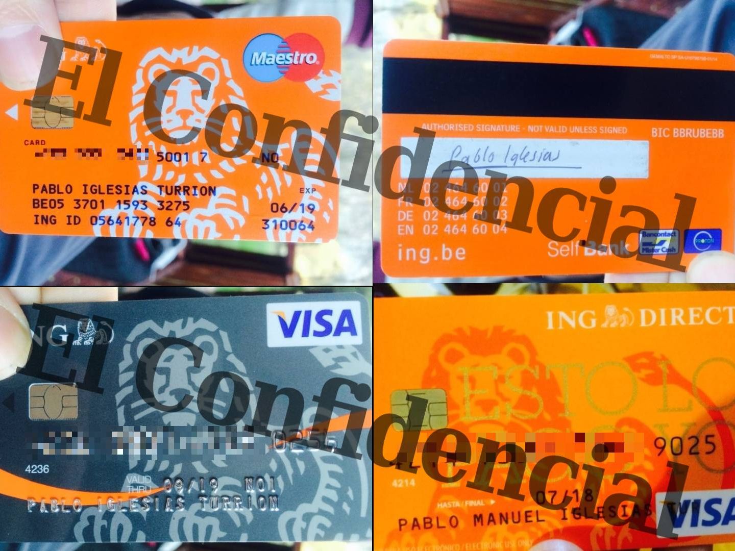 Las cuatro fotografías de tarjetas de crédito de Pablo Iglesias que estaban almacenadas en el teléfono móvil de Dina Bousselham. (El Confidencial)