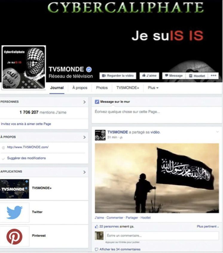 Foto: Imagen de la cuenta oficial en Facebook del canal internacional francés TV5 Monde, que ha sido pirateado a gran escala por hackers yihadistas. (Efe)