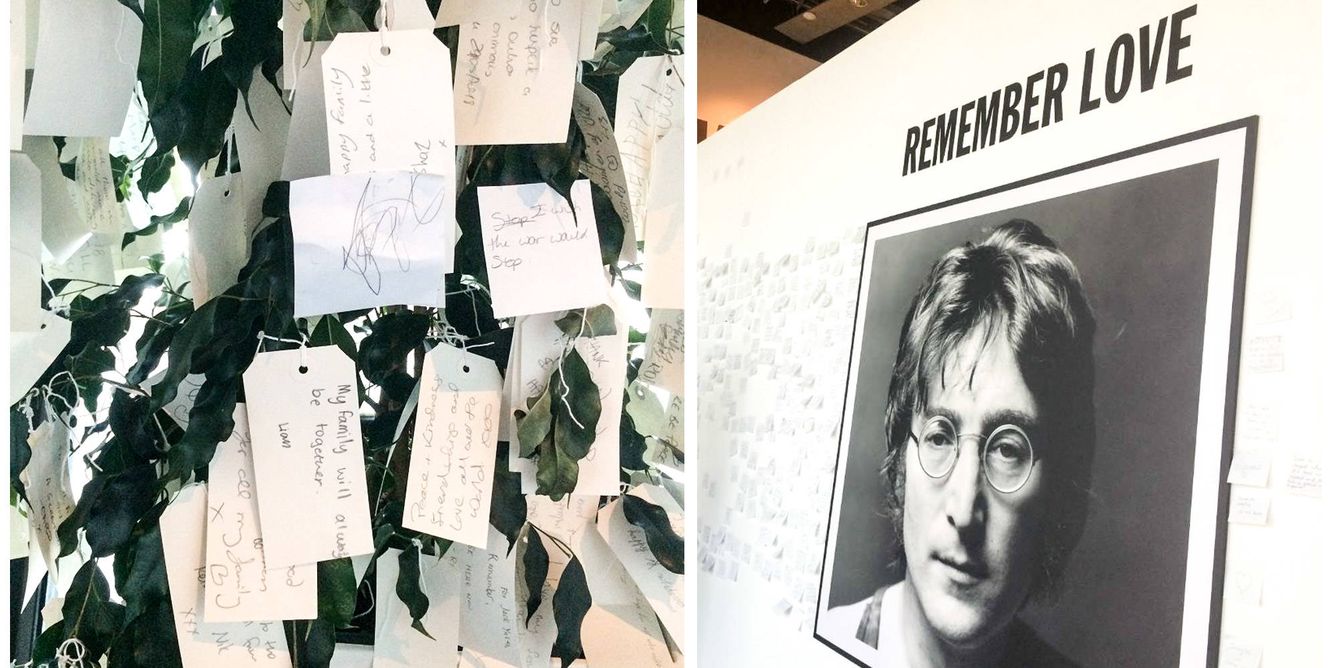 A la izquierda, notas de John y Yoko expuestas en el Museo de Liverpool. A la derecha, retrato de Lennon. (Foto: Museo de Liverpool)