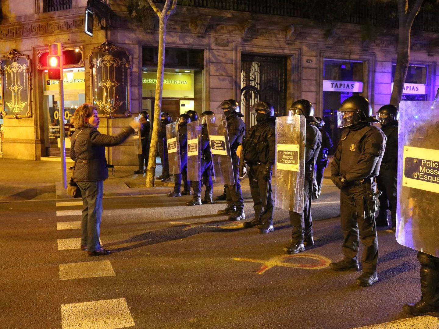 Una mujer se encara a un cordón de antidisturbios este sábado en Barcelona. (David Brunat)