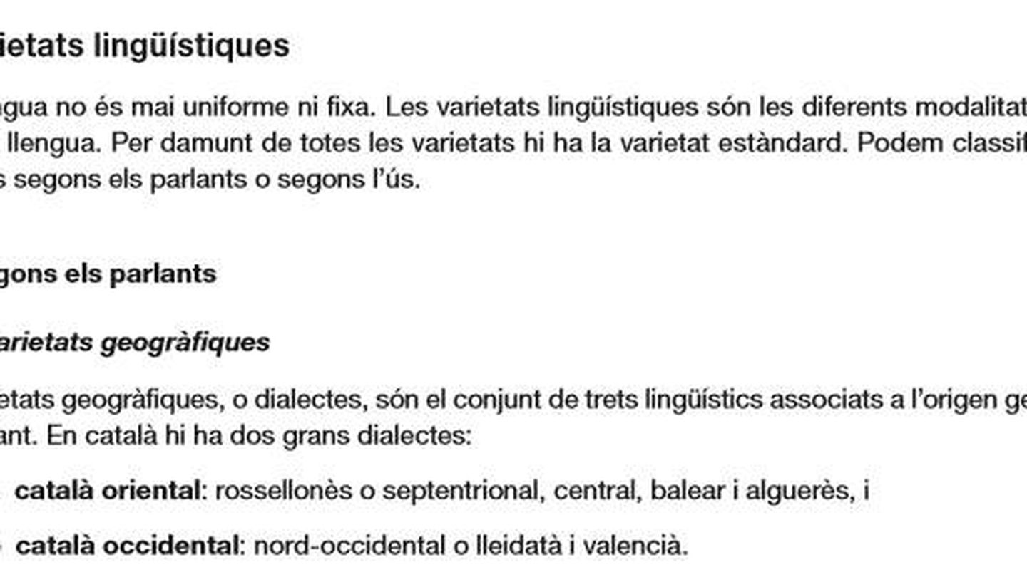 Apartado de la guía en el que se refiere la diversidad lingüística del catalán.