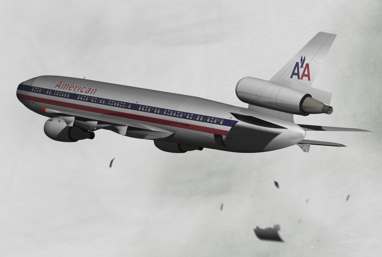Imagen computarizada que muestra el momento en el que el avión pierde la puerta de carga. (Wikimedia)