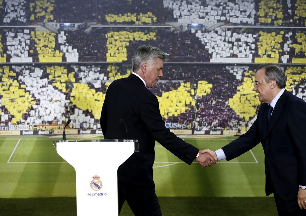 Foto: Ancelotti y Florentino Pérez, durante la presentación del técnico (EFE)
