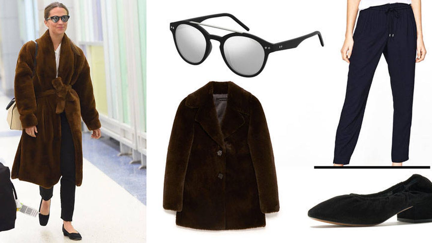 Fotomontaje de las prendas para copiar el look: abrigo y pantalón de Zara, bailarinas de Bimba y Lola y gafas de Polaroid. 
