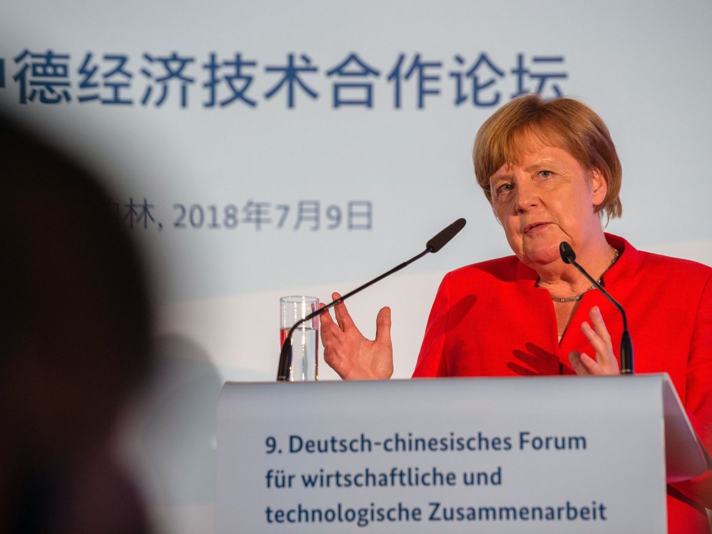 La canciller alemana, Angela Merkel, durante el IX Foro de Cooperación Económica y Tecnológica germano-chino, en Berlín. (EFE)