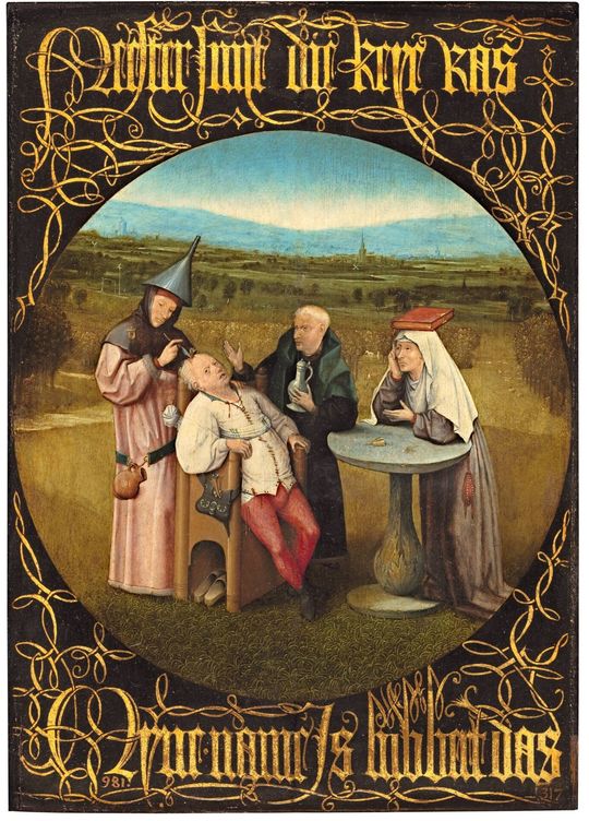 'La extracción de la piedra de la locura'. El Bosco. 1501-05. Museo del Prado.