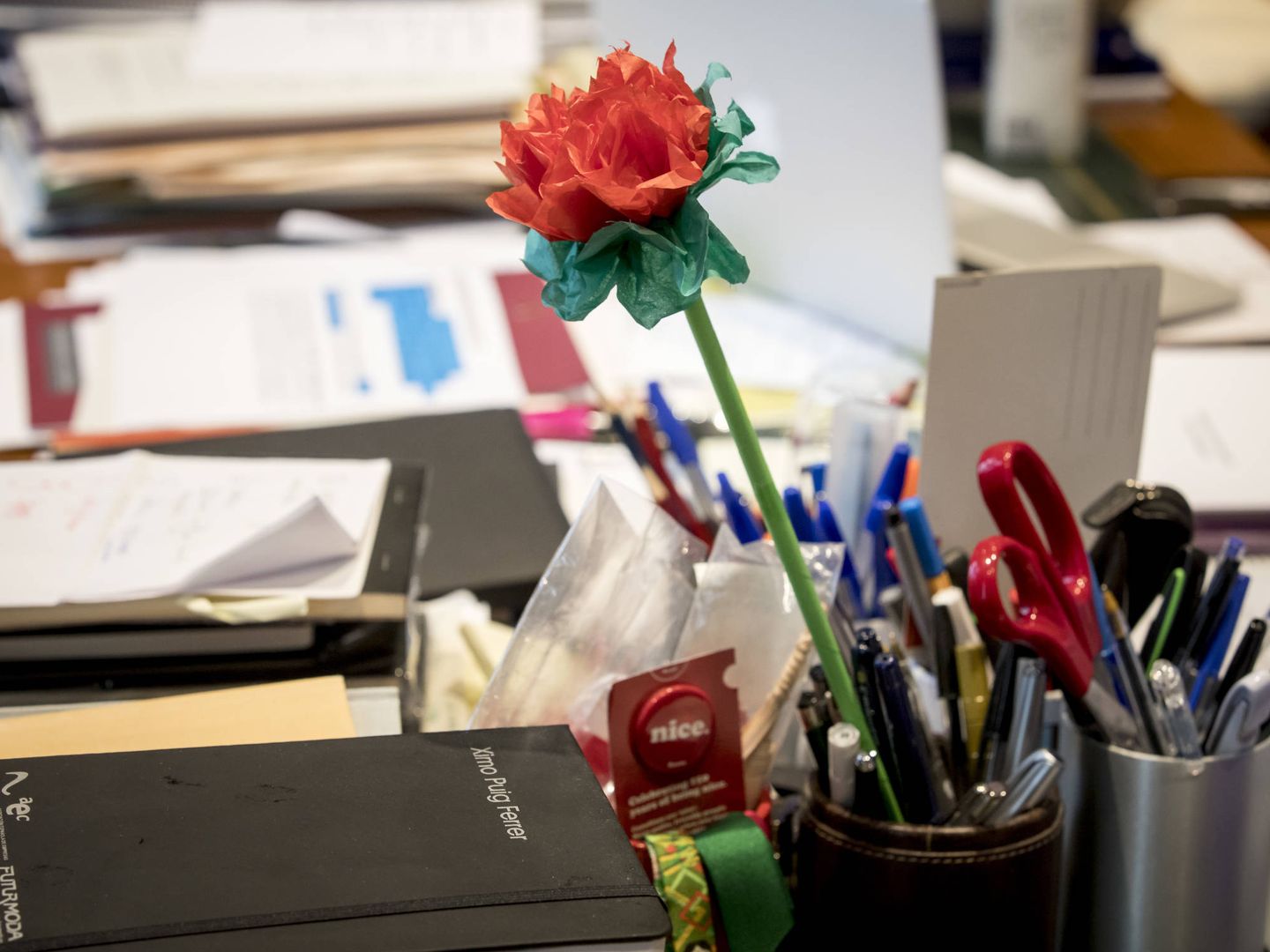 Una rosa de papel en el despacho de Ximo Puig. (Miguel Lorenzo)