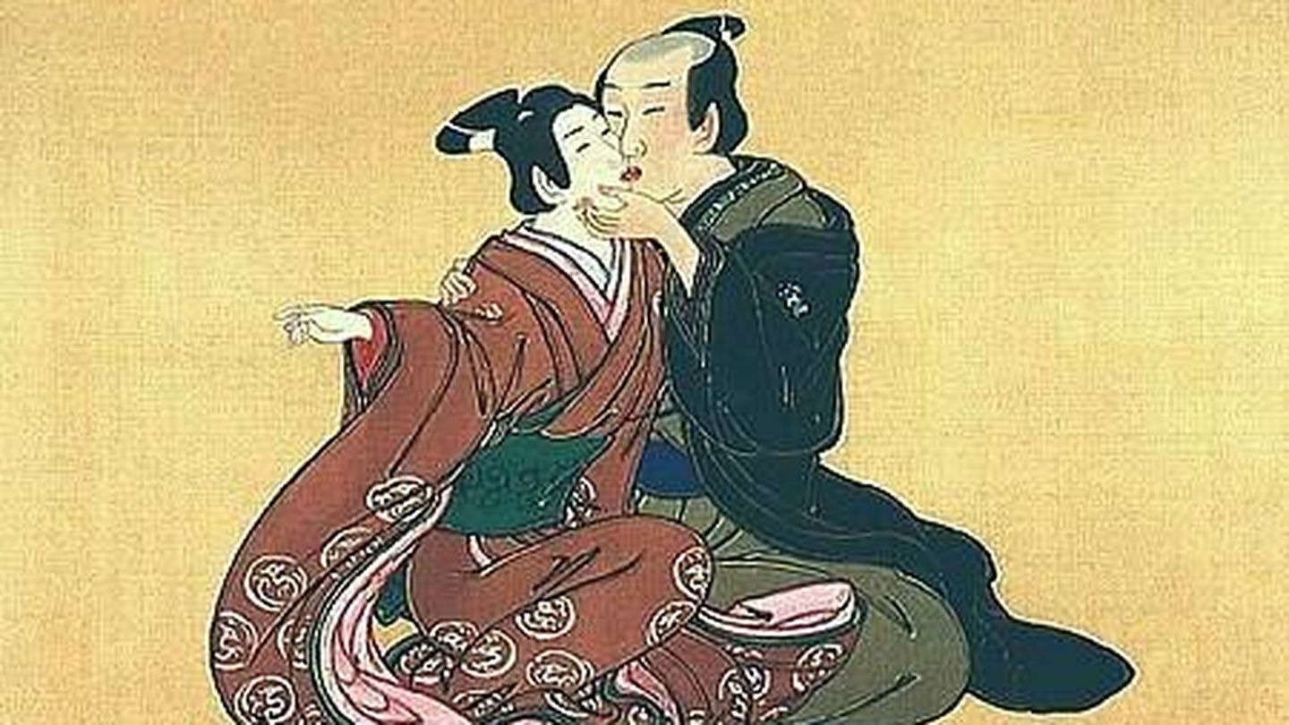 Un samurái besa a actor de kabuki, 1750. Fuente: Wikipedia
