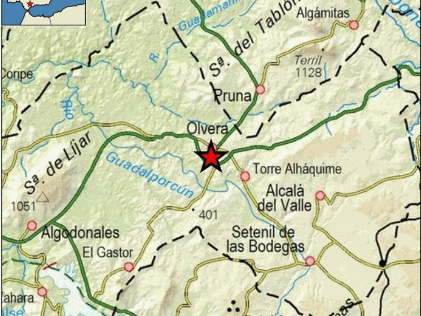 Epicentro del terremoto en las proximidades de Olvera. (IGN)