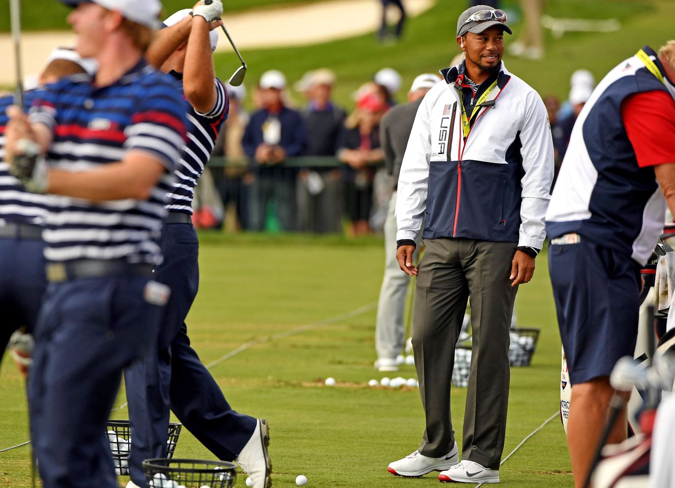 El vicecapitán Tiger Woods durante una práctica de la Ryder Cup (John David Mercer-USA TODAY Sports)