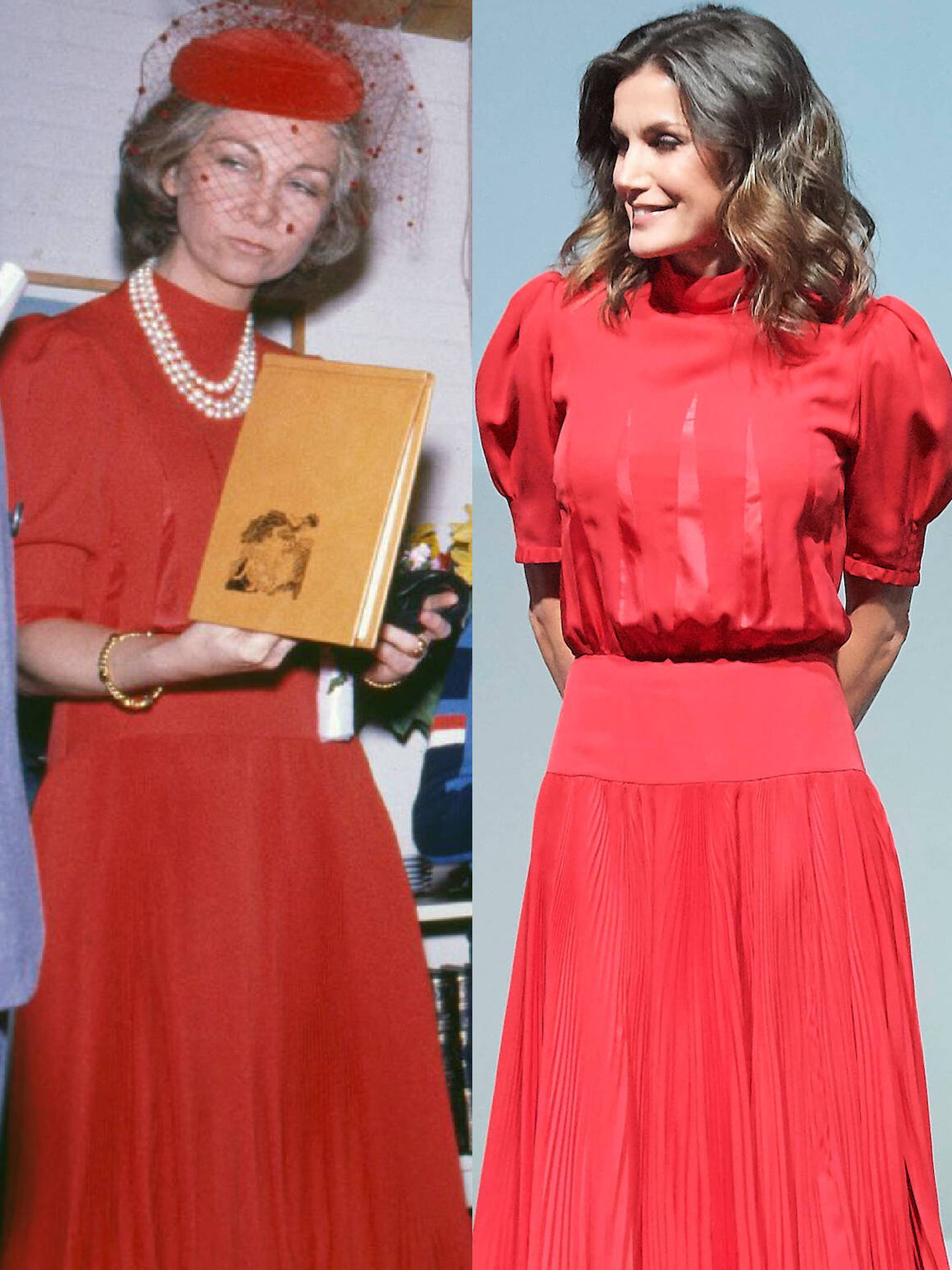 Doña Sofía en 1980 y doña Letizia en 2018 con el mismo vestido. (Getty/LP)