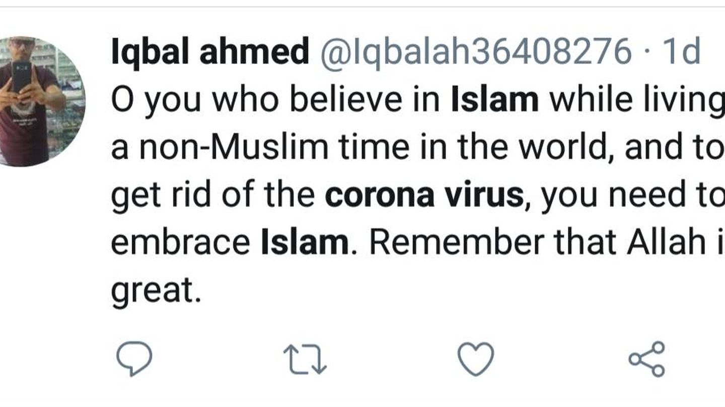 Un tuit hablando de las bondades de abrazar el islam para protegerse del coronavirus.