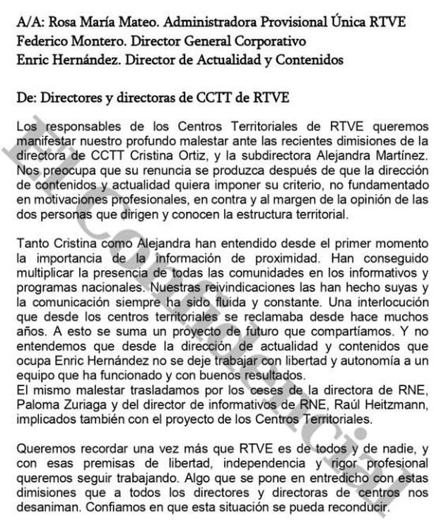 Consulte aquí en PDF la carta de los directores de los centros territoriales de RTVE a Rosa María Mateo y Enric Hernàndez. (EC)