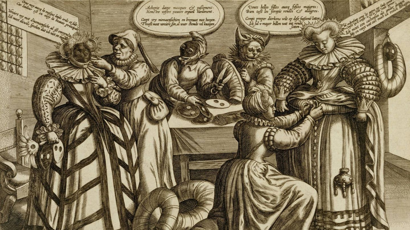 Sátira holandesa del siglo XVII sobre la moda femenina en el momento, donde se muestran máscaras y polisones. (Wikimedia)