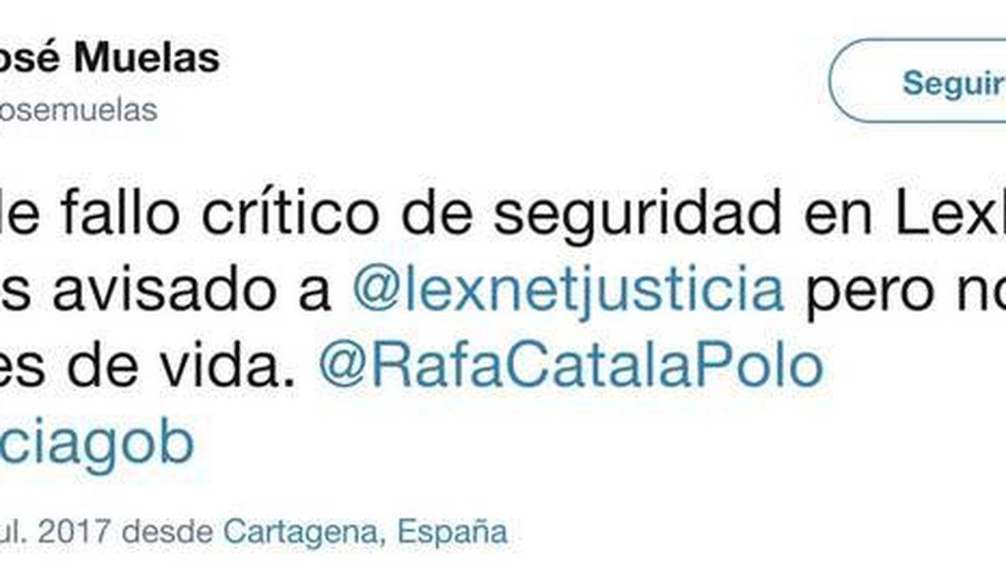 El letrado José Muelas fue el primero en avisar públicamente de los fallos en Lexnet. (Fuente: Twitter)