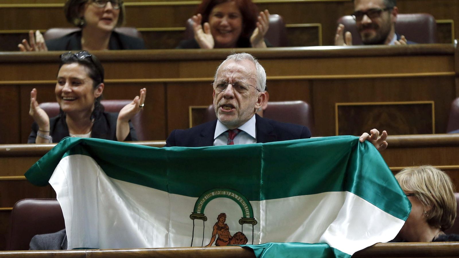 Foto: El diputado socialista Manuel Pezzi muestra una bandera de Andalucía. (EFE)