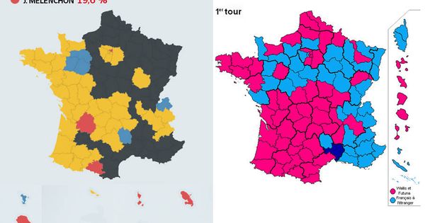 Foto: Mapa de los resultados de las elecciones francesas en primera vuelta en 2017 y en 2012