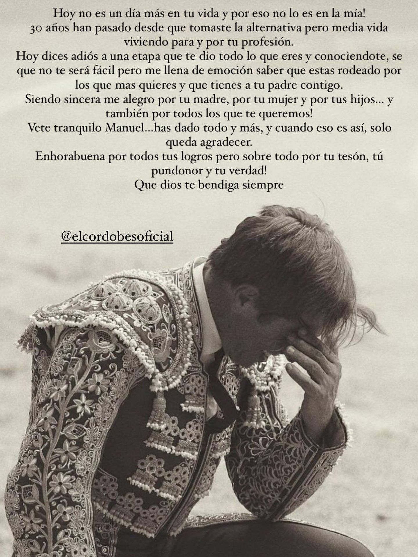 La emotiva carta de Vicky Martín Berrocal a Manuel Díaz. (Instagram/@vickymartinberrocal)