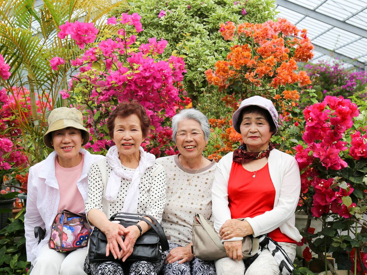 Foto: Unas ancianas okinawenses, rodeadas de flores. (iStock)