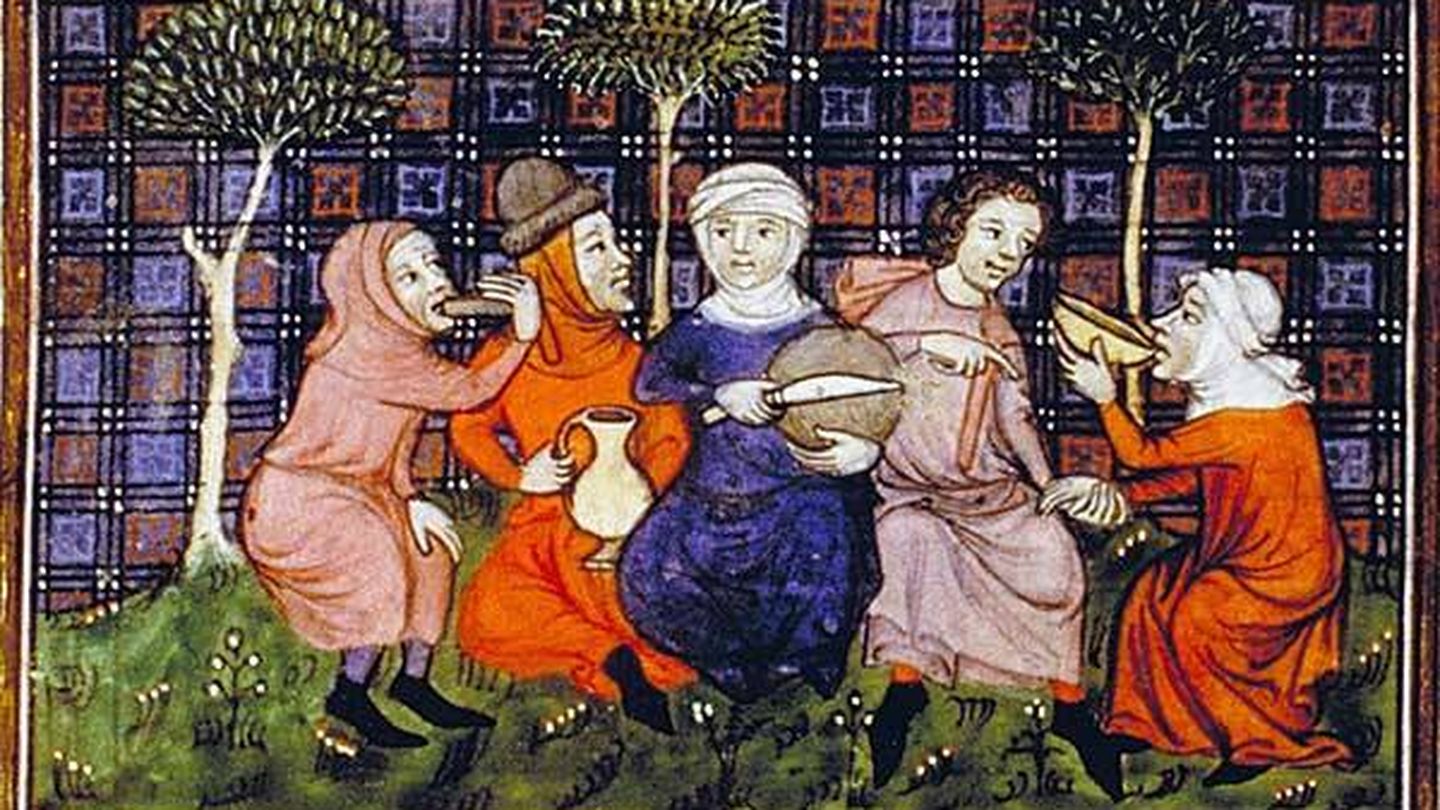 Varios campesinos compartiendo pan y bebida. Fuente: Livre du roi Modus et de la reine Ratio, siglo XIV (Bibliothèque nationale, vía Wikipedia).