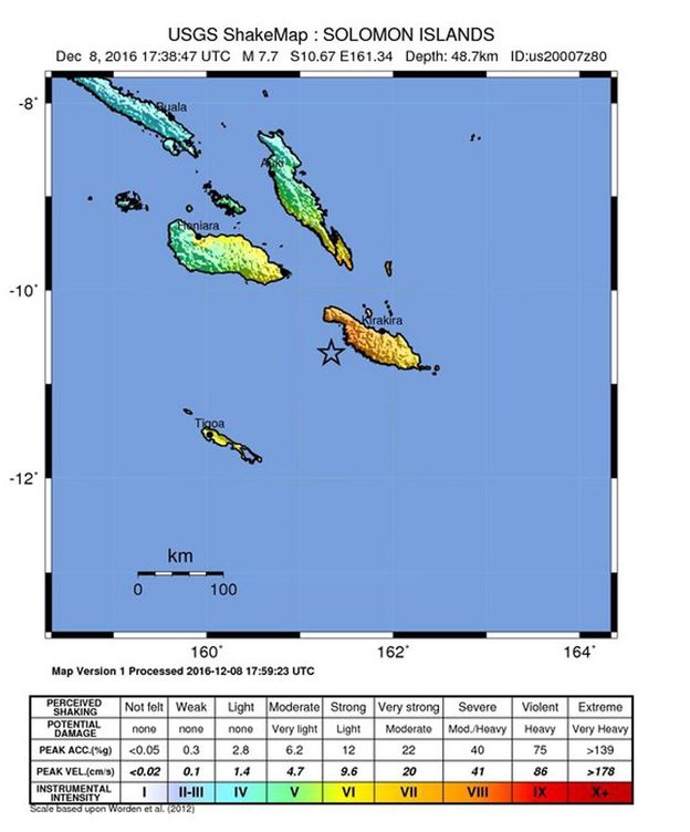 Foto: Mapa facilitado por el Centro Geológico de Estados Unidos de un terremoto de magnitud 7,8 cerca de las Islas Salomón (EFE)