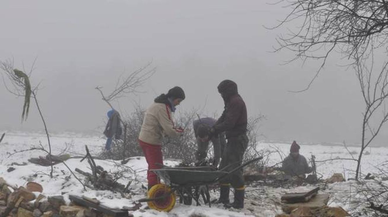 Moradores de Fraguas trabajando los campos en invierno.