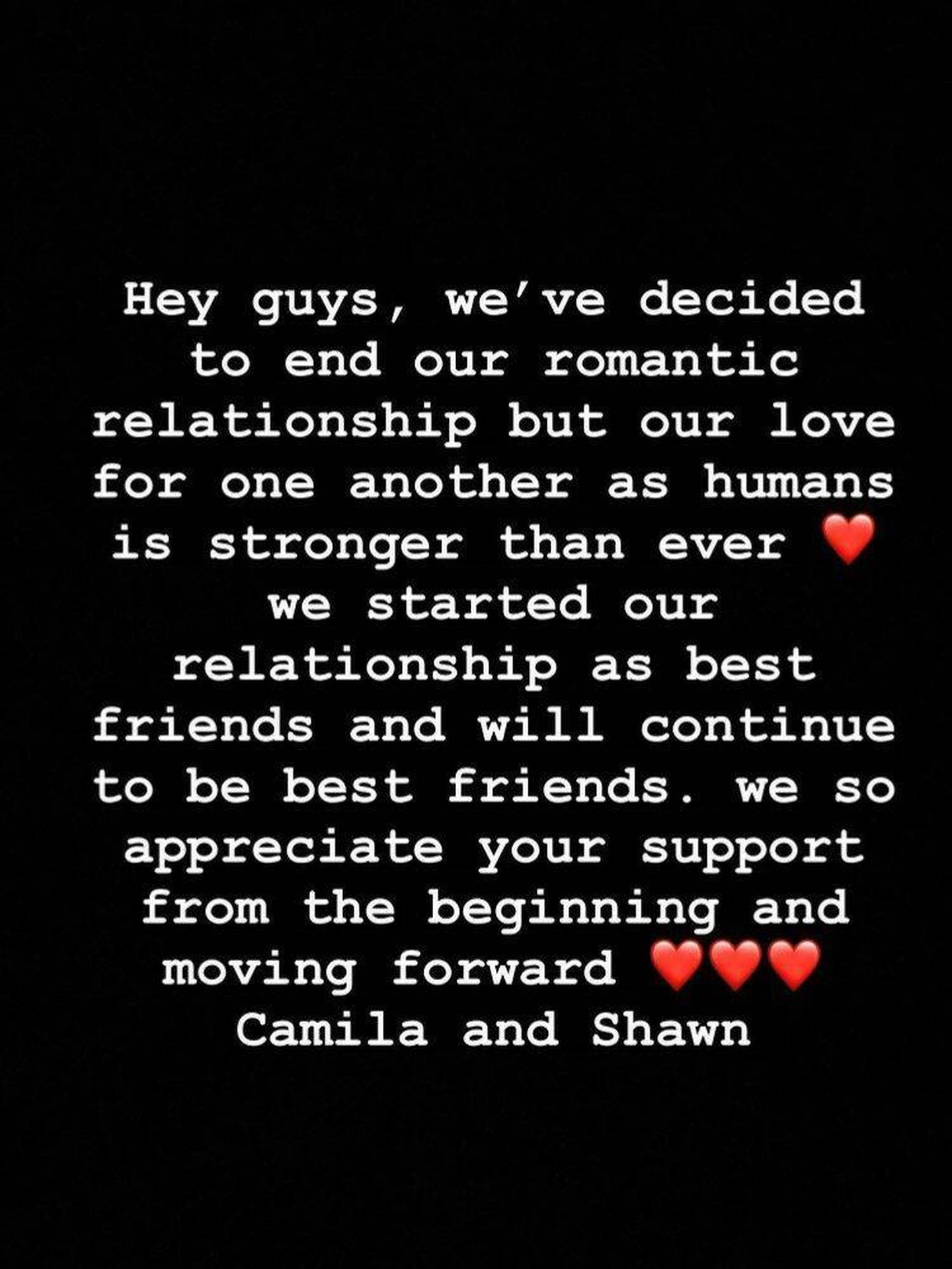 El comunicado de separación de Camila y Shawn. (Instagram @camila_cabello)