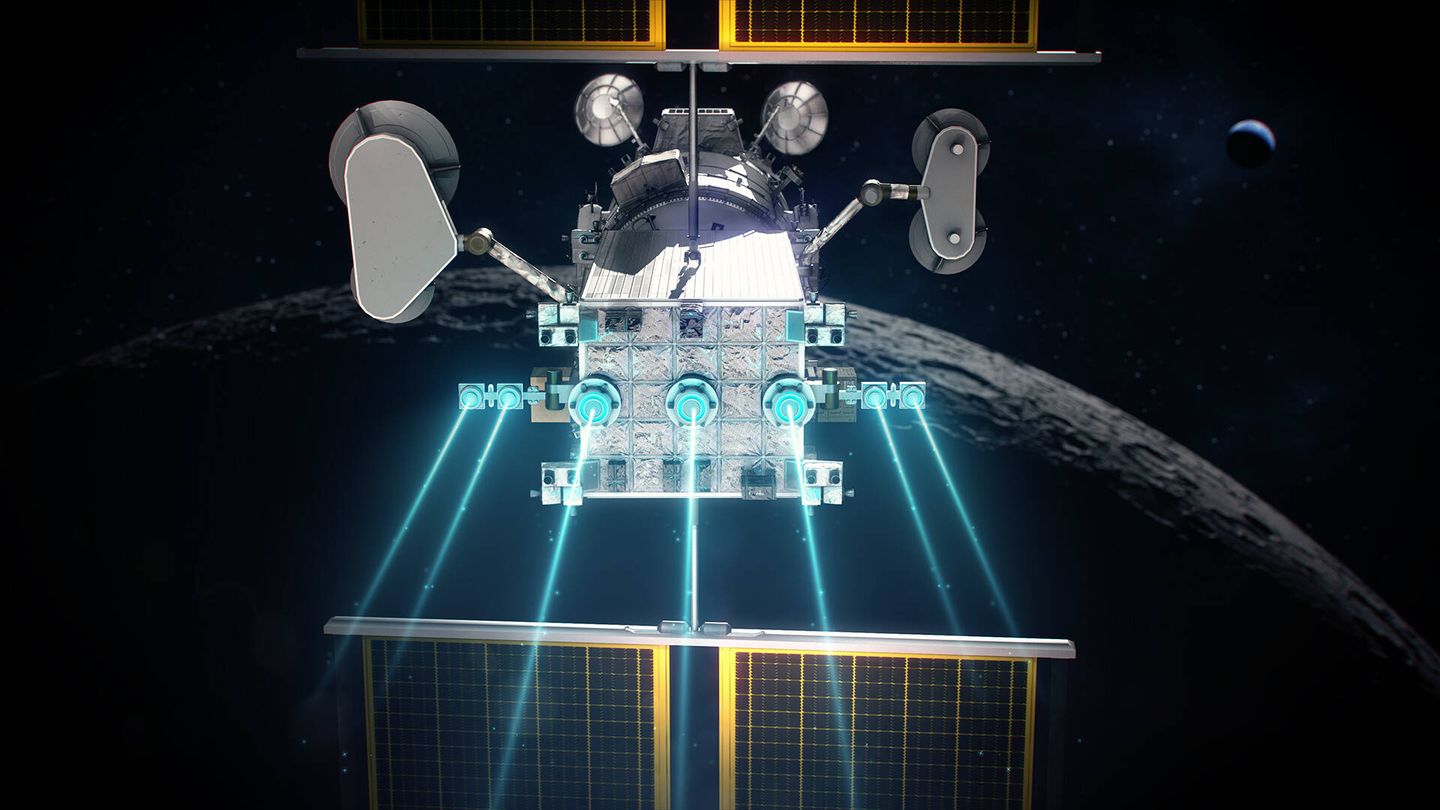 Los seis motores de iones en acción en el módulo PPE de la Puerta Lunar de la NASA. (NASA)