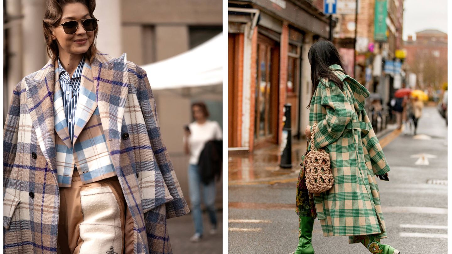 La modelo Gigi Hadid con un look a cuadros y una influencer con un abrigo tartán. (Imaxtree)