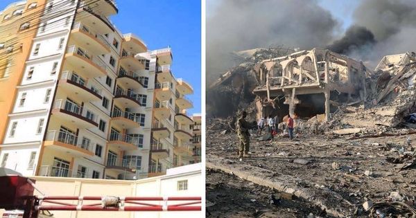 Foto: Antes y después de la explosión de un camión bomba frente al hotel Safari en Mogadiscio.
