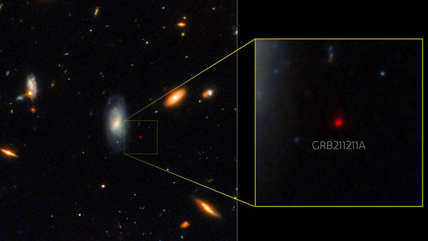 El delator resplandor en el infrarrojo cercano de una kilonova, producida por el GRB 211211A. (NASA / ESA)