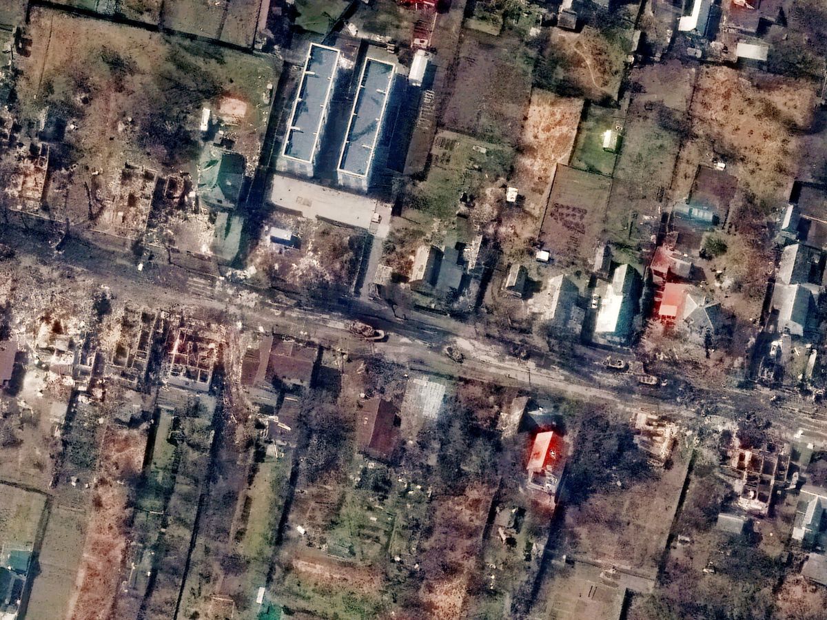 Foto: Imagen satelital de Bucha, en la región de Kiev. (Reuters/Maxar Technologies)